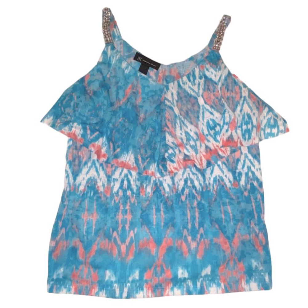 INC Turquoise & Peach Tank Top with Rhinestones Size L